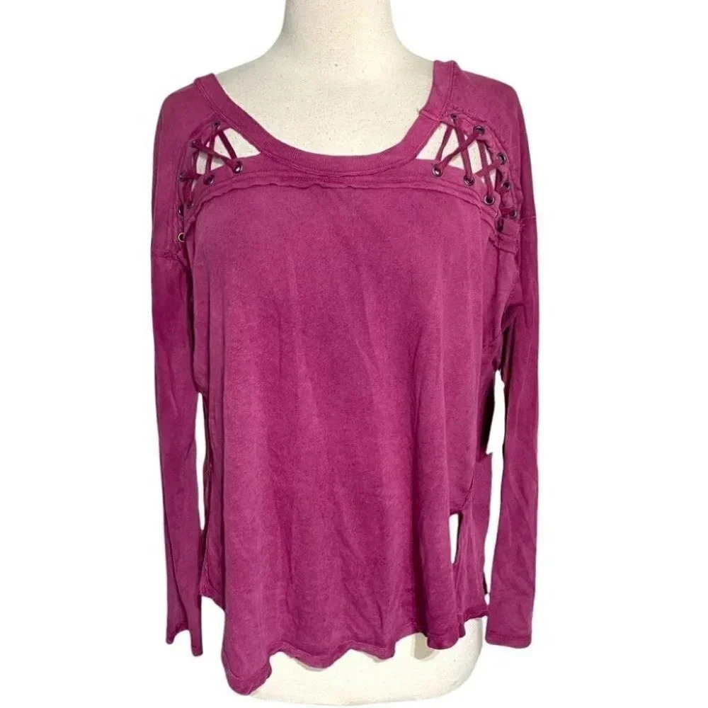Free People Berry Twilight Lace Up Cutout Distressed Long Sleeve Top Size S
